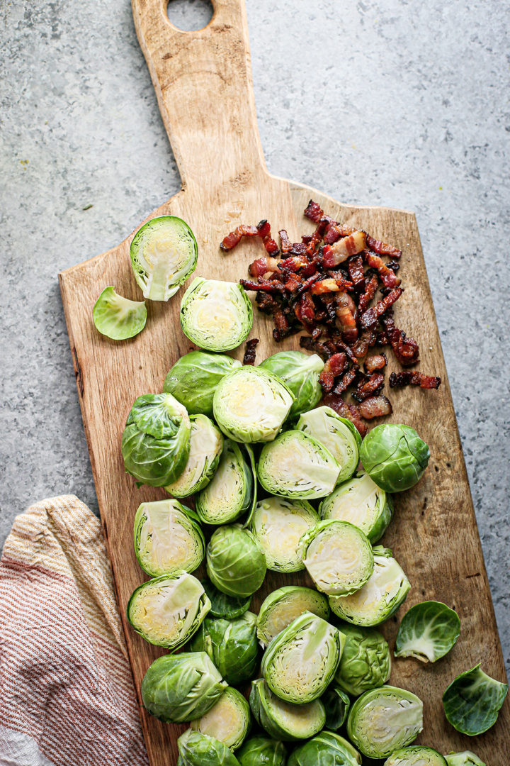 photo of ingredients being prepared to make roasted brussel sprouts with bacon