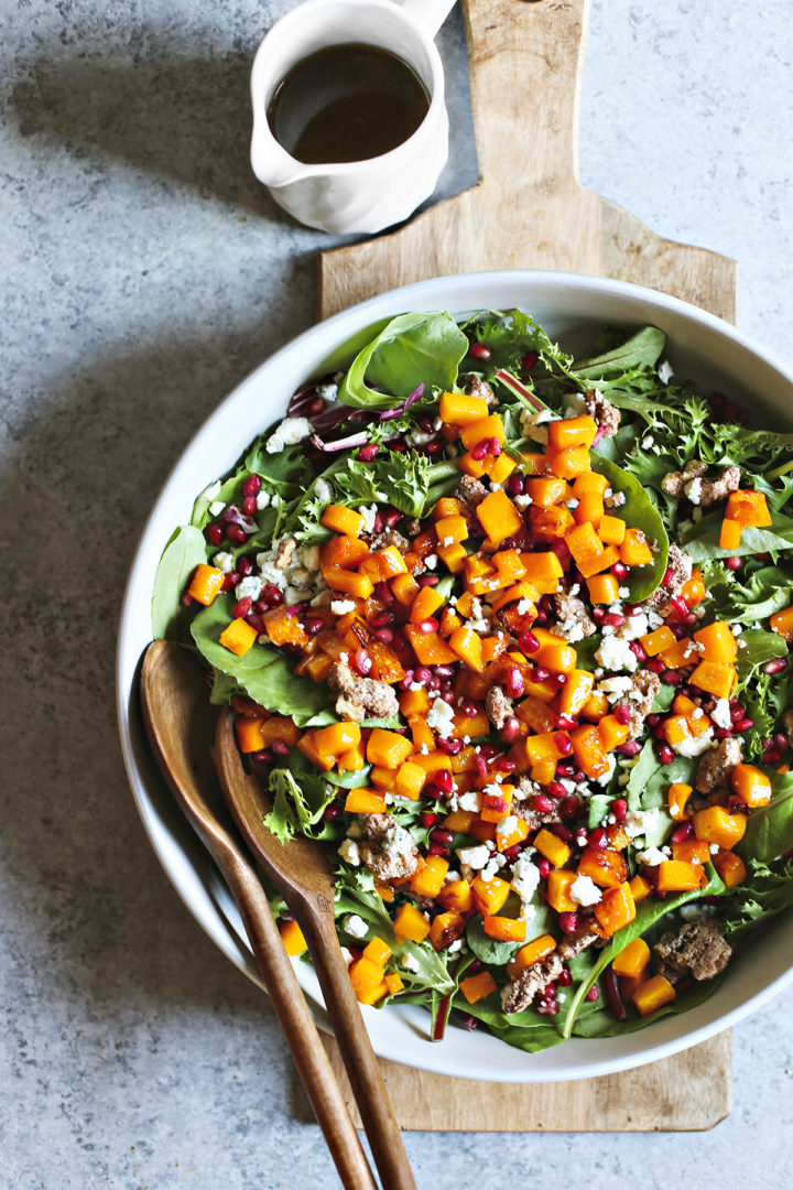 overhead photo of butternut squash salad ready to serve