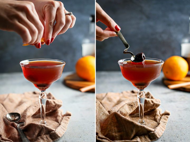 photos showing how to garnish a black manhattan