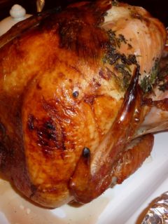 turkey that has been brined in a simple turkey brined and then roasted