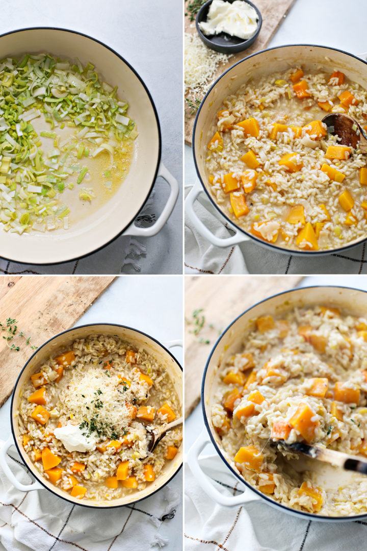 step by step photos showing how to make a butternut squash risotto recipe