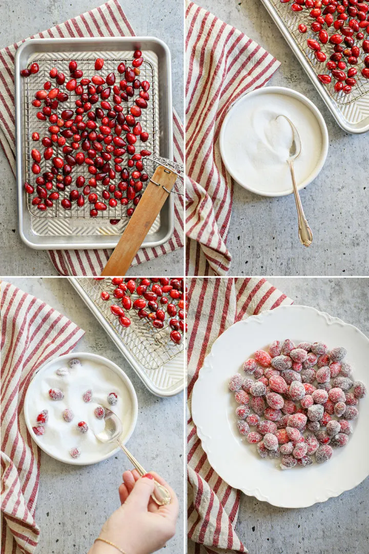 step by step photos showing how to make sugared cranberries