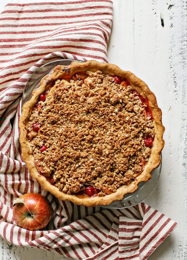 overhead view of an apple cranberry pie