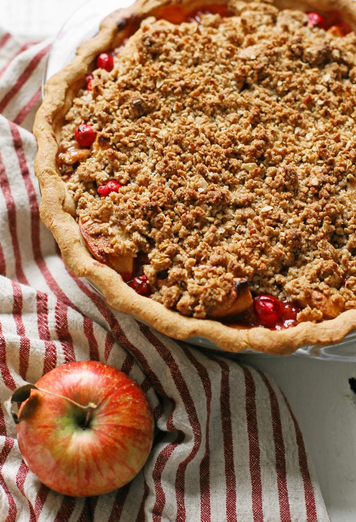 photo of a baked cranberry apple pie before cutting