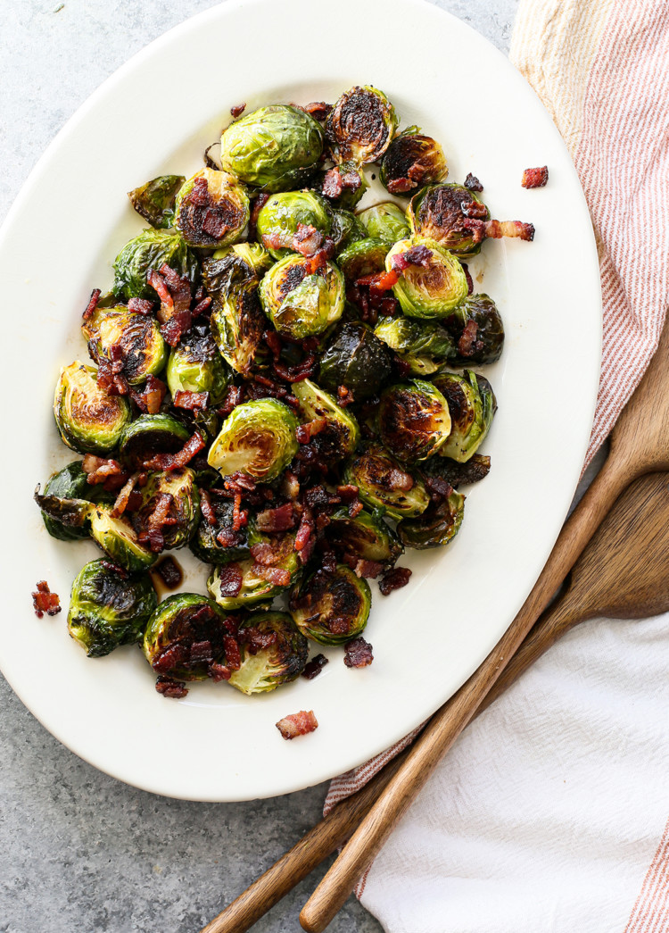 white platter with balsamic bacon brussels sprouts