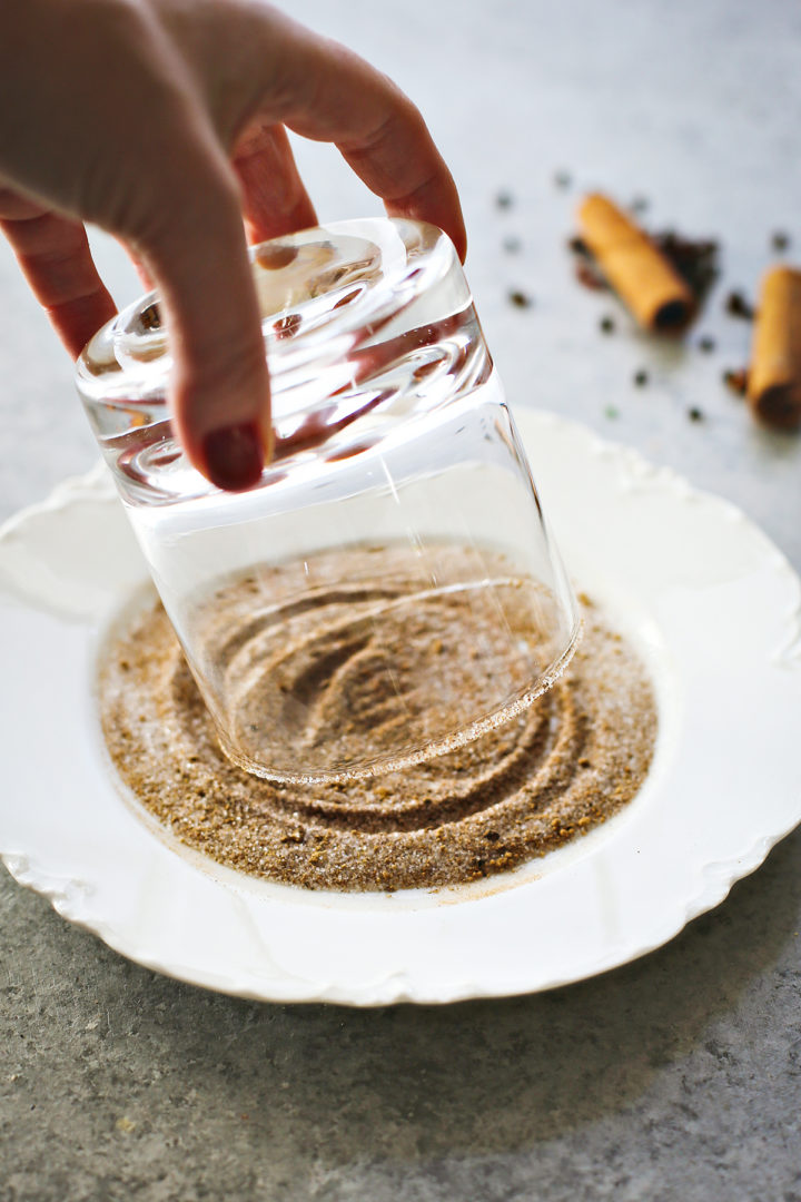 photo showing a way to use gingerbread spice mix - how to rim a glass with gingerbread spice