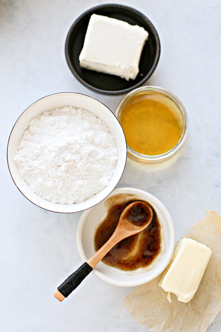 ingredients to make bourbon cream cheese frosting for the best homemade cinnamon rolls recipe