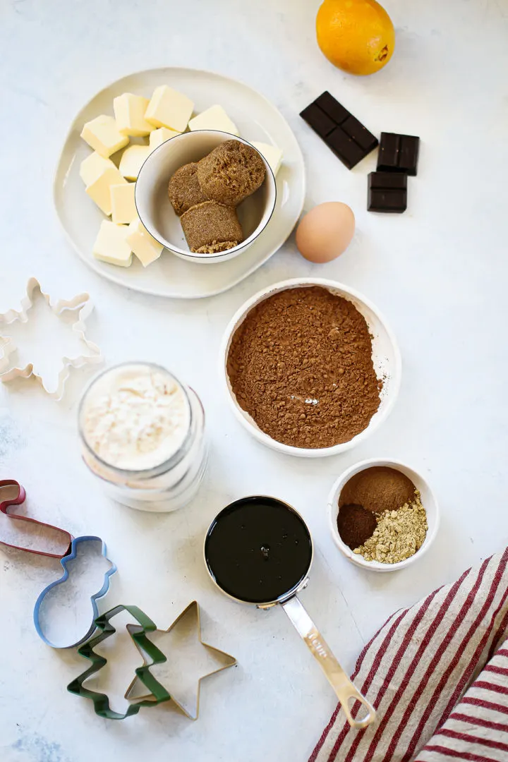 photo of ingredients to make chocolate gingerbread cookies