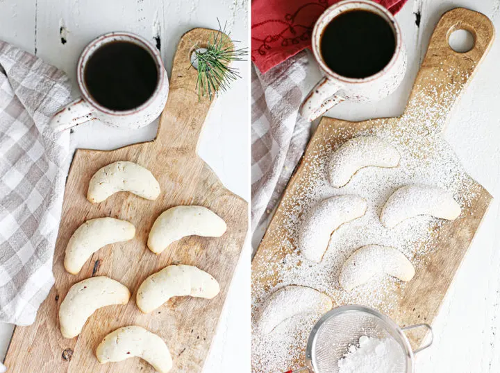 step by step how to make swedish crescent cookies adding the powdered sugar coating