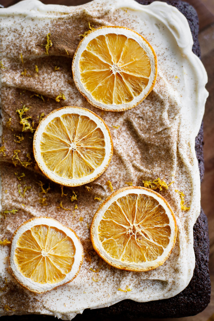 overhead photo of how to garnish a gingerbread cake