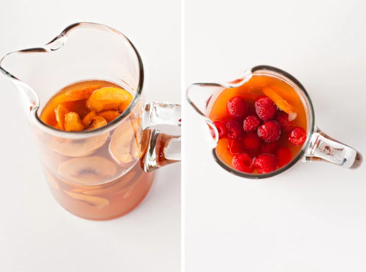 photo of this recipe for peach sangria in a glass pitcher showing how to serve this peach sangria recipe