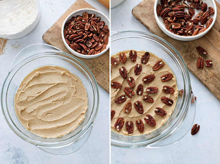 step by step photos showing how to make caramel pecan topping for pecan cinnamon rolls