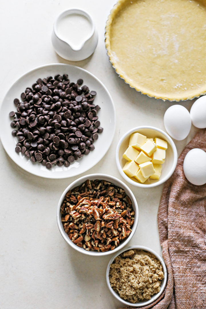 photo of ingredients in the chocolate pecan filling for a recipe for pecan tarts