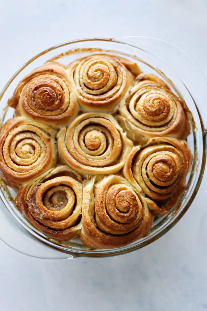photo of cinnamon pecan rolls in the baking pan after cooking