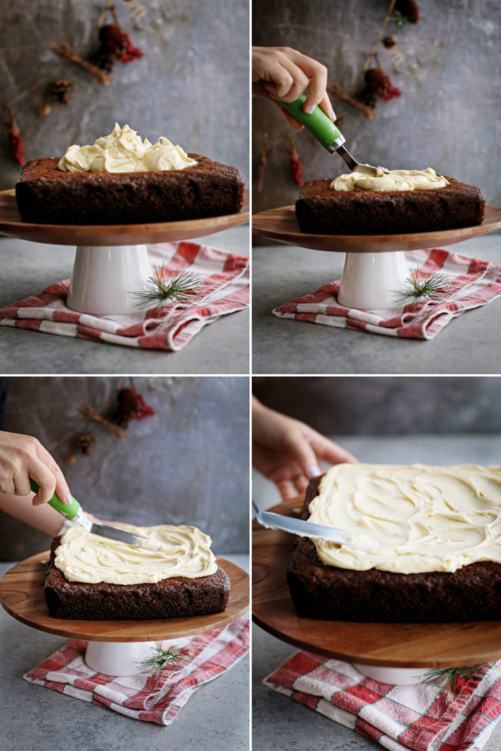 step by step photos of how to frost a gingerbread cake with citrus cream cheese frosting