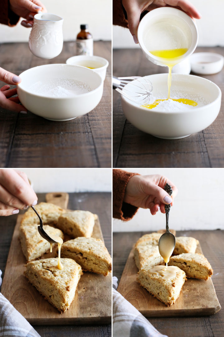 step by step photos showing how to make maple glaze and how to glaze scones with glaze