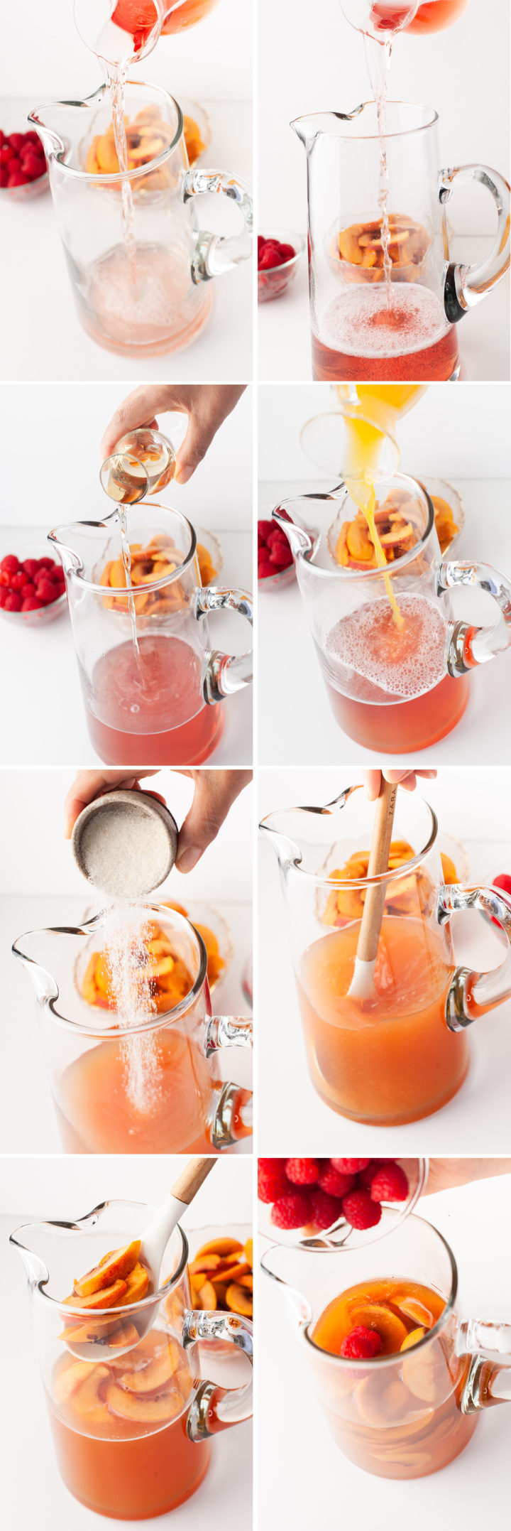 step by step photos showing how to make a recipe for peach sangria