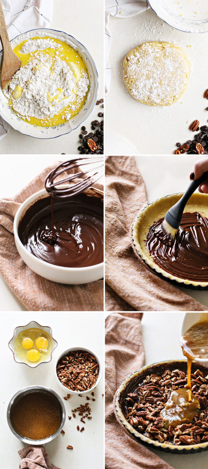 step by step photos showing how to make a chocolate pecan tarts recipe