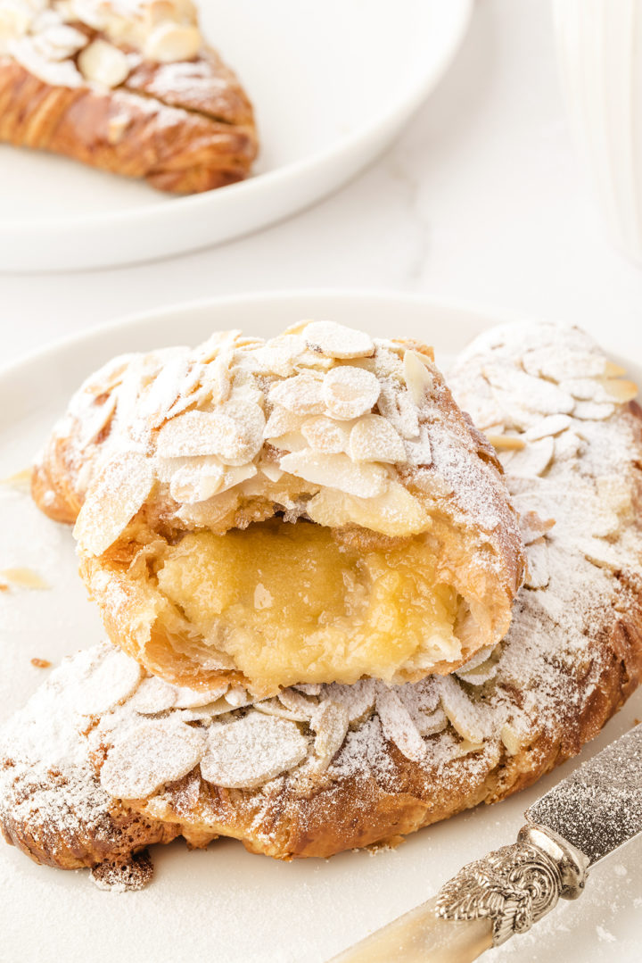 photo showing the almond croissant filling inside these almond croissants