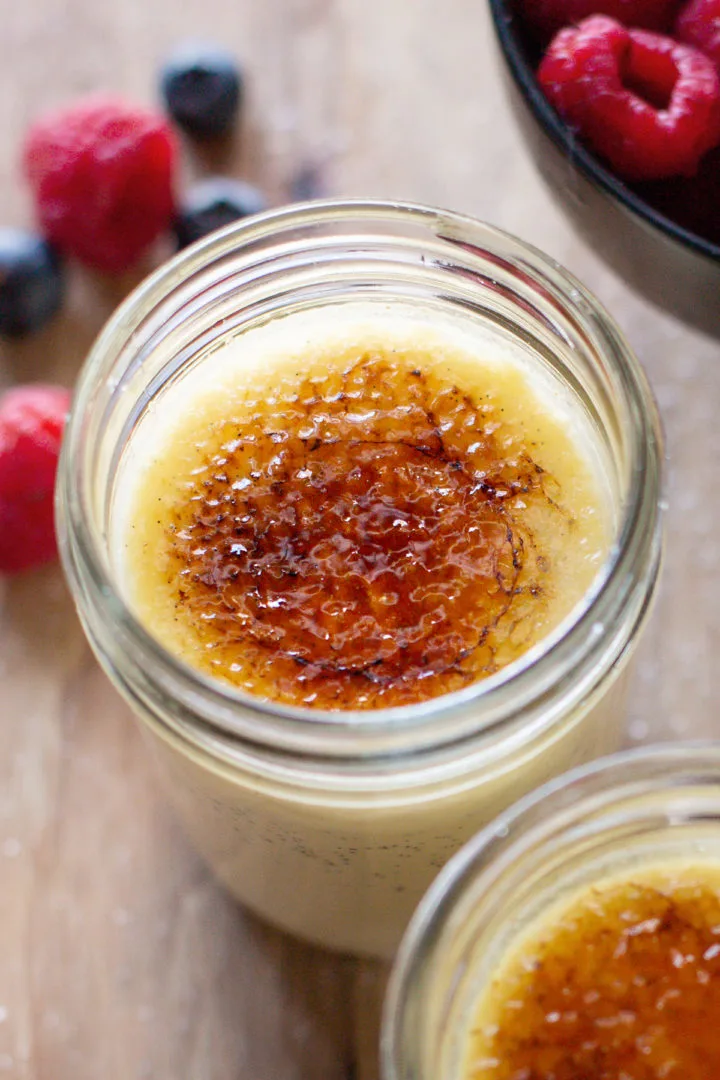 close up photo of the caramelized sugar on top of this easy crème brûlée recipe