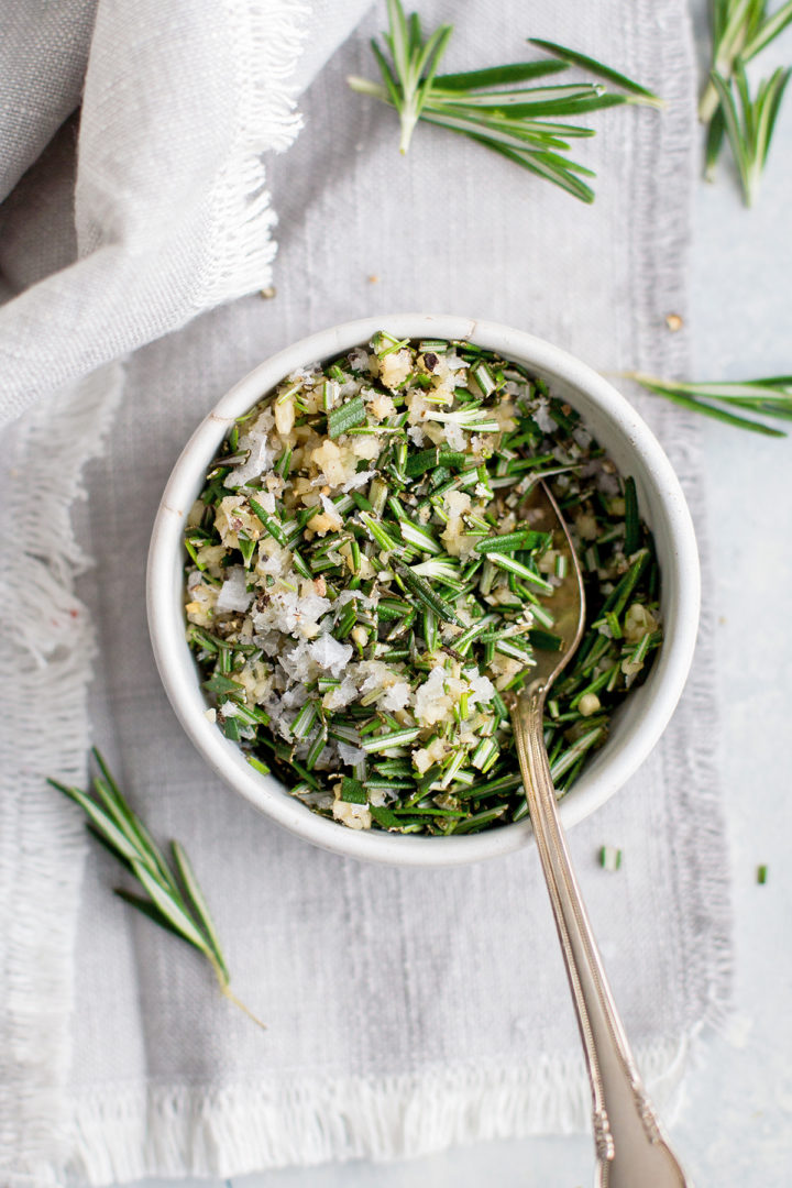 photo of rosemary and garlic in a bowl for use in this recipe for rosemary focaccia bread