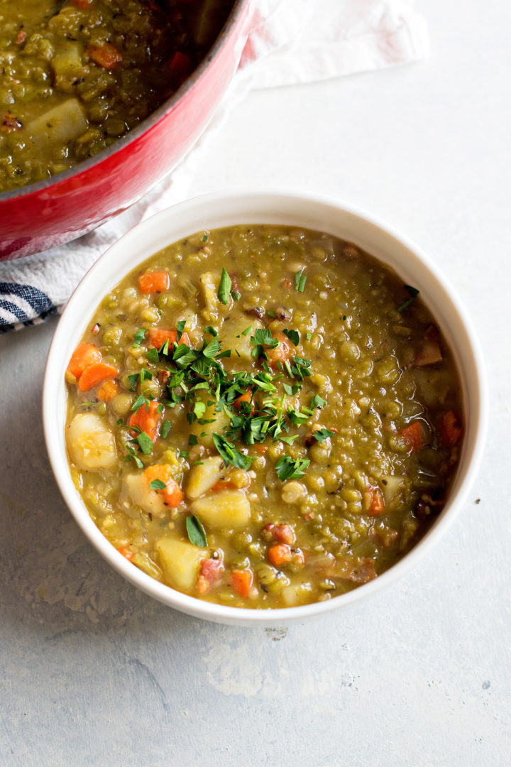 photo of this recipes for split pea soup in a bowl