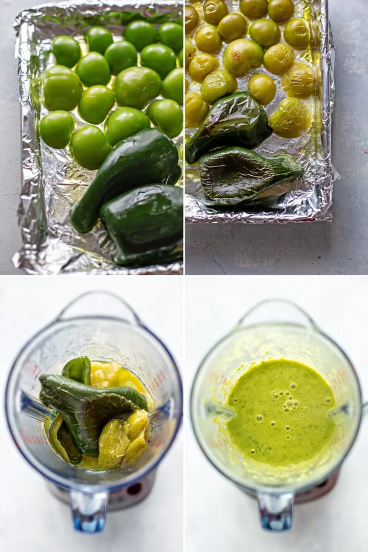 step by step photos of how to roast tomatillos and peppers for this chicken chili verde recipe