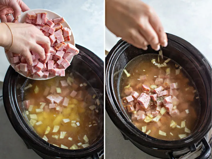 photo of woman adding cubed ham to a slow cooker to make this potato and ham soup recipe
