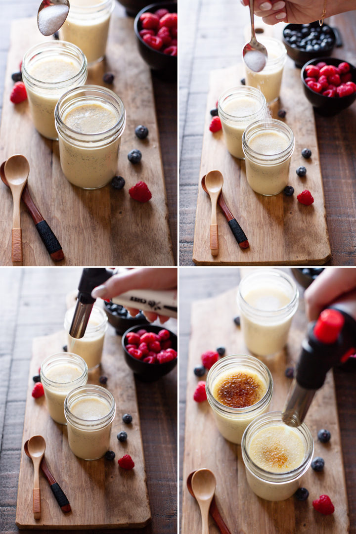 step by step photos showing how to torch the sugar on top of vanilla crème brûlée