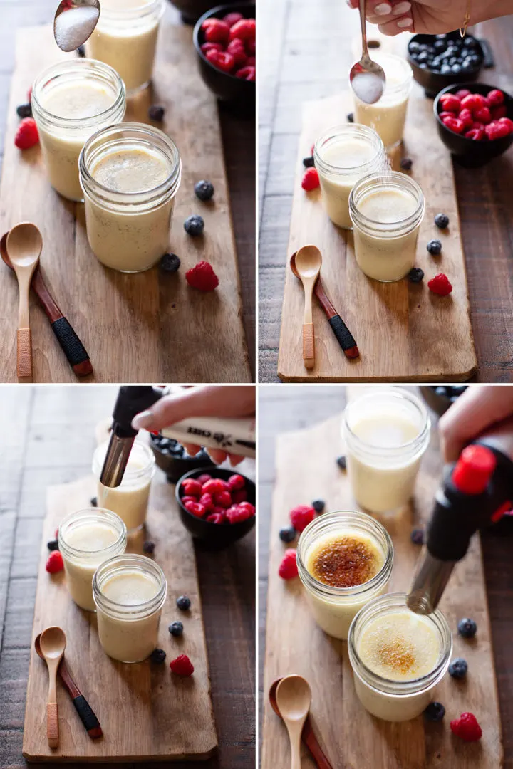 step by step photos showing how to torch the sugar on top of vanilla crème brûlée