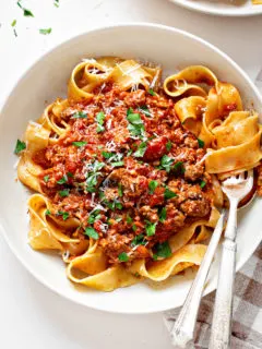photo of bolongese sauce on pasta in a white bowl