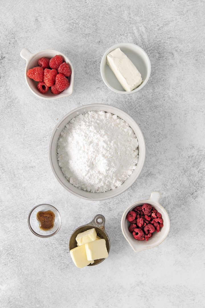 ingredients in raspberry buttercream for this chocolate raspberry cupcake recipe