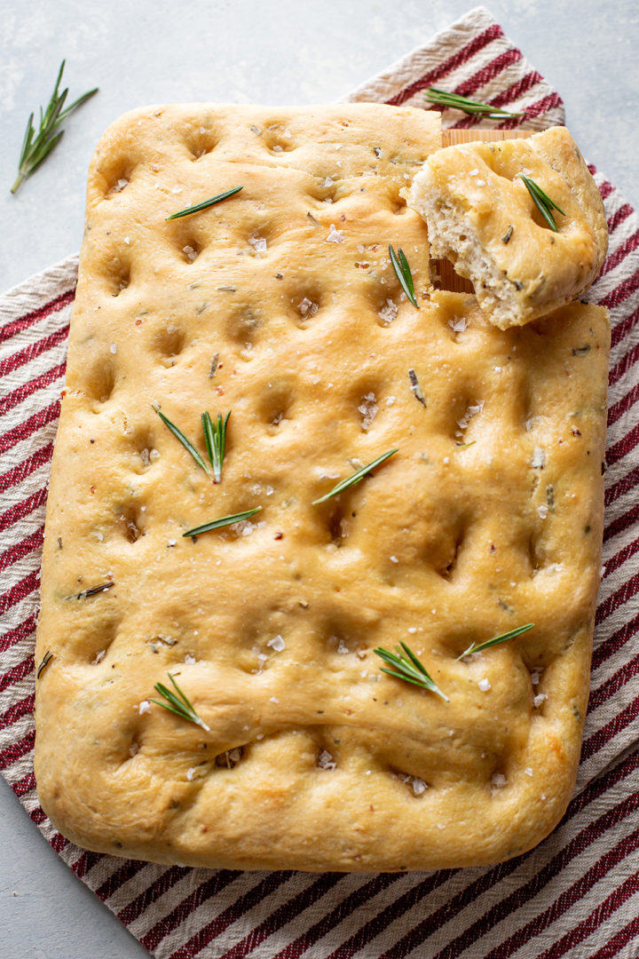 photo of easy rosemary garlic focaccia bread being sliced