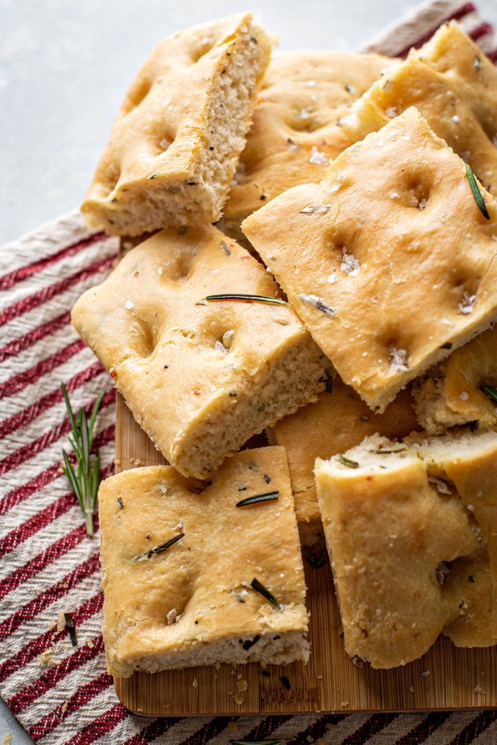 photo of focaccia rosemary bread recipe on a cutting board