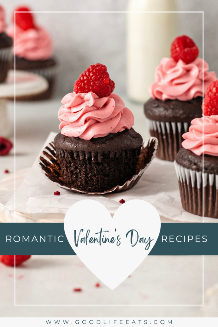 photo of cupcakes for a valentine's day dinner menu with text that reads: Romantic Valentine's Day Recipes