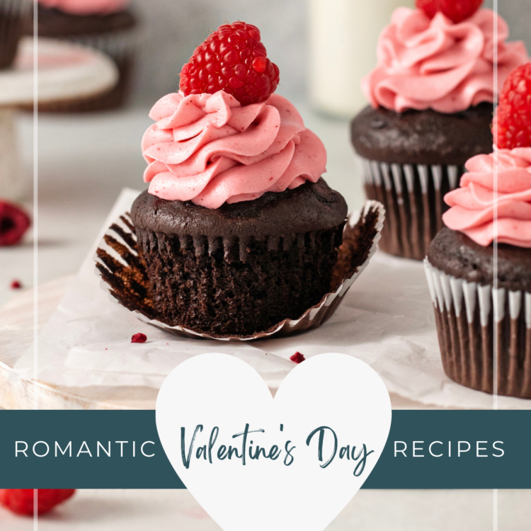 photo of cupcakes for a valentine's day dinner menu with text that reads: Romantic Valentine's Day Recipes