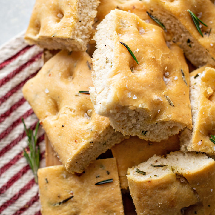 photo of rosemary focaccia cut into squares