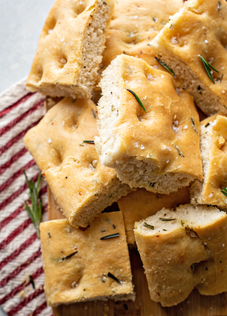 photo of rosemary focaccia cut into squares