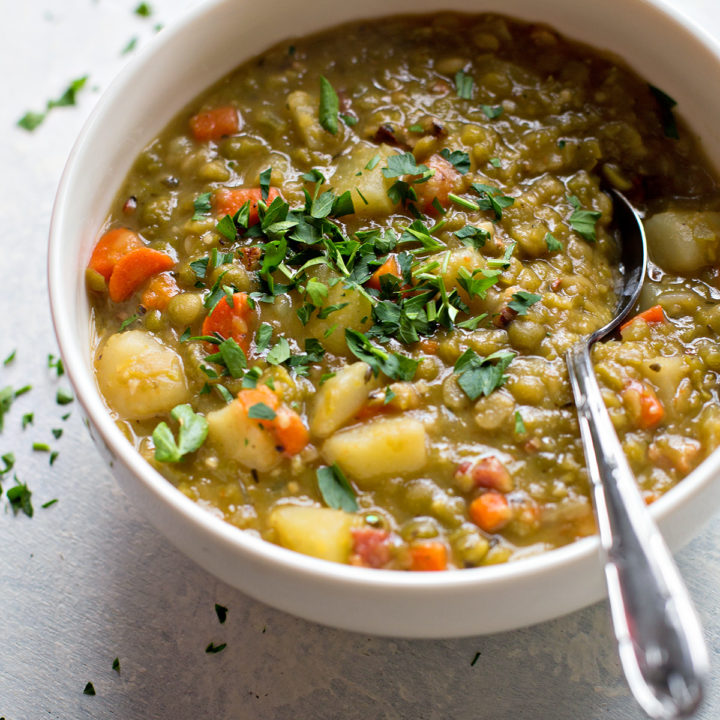 photo of a bowl of split pea soup with bacon