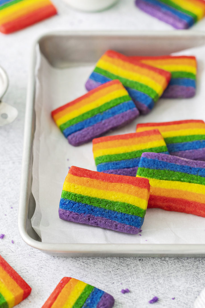 a batch of baked rainbow sugar cookies (recipe for st. patricks day cookies)