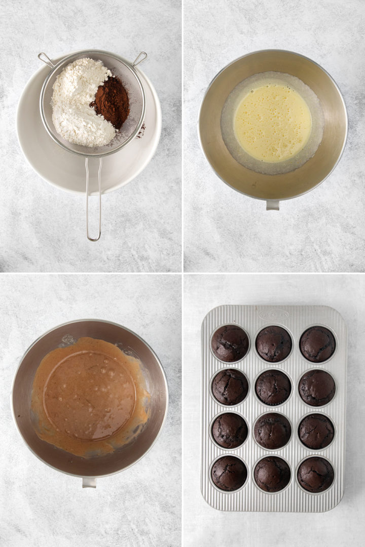 step by step photos showing how to make chocolate raspberry cupcakes