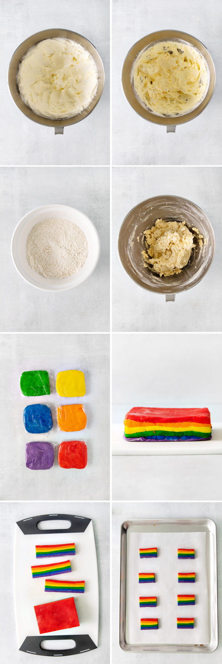 step by step photos showing how to make rainbow sugar cookie dough for baking st patricks day cookies