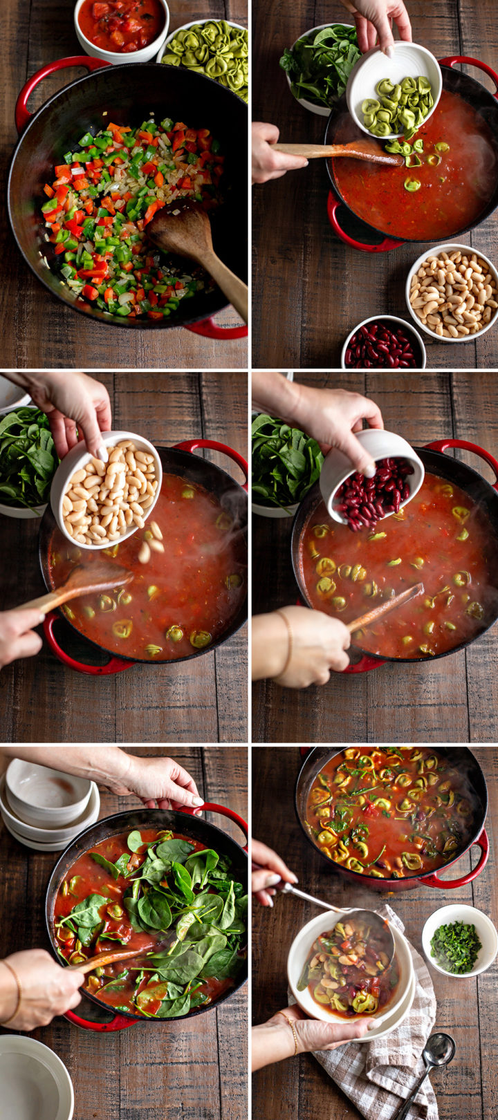 step by step photos showing how to make tortellini soup with spinach