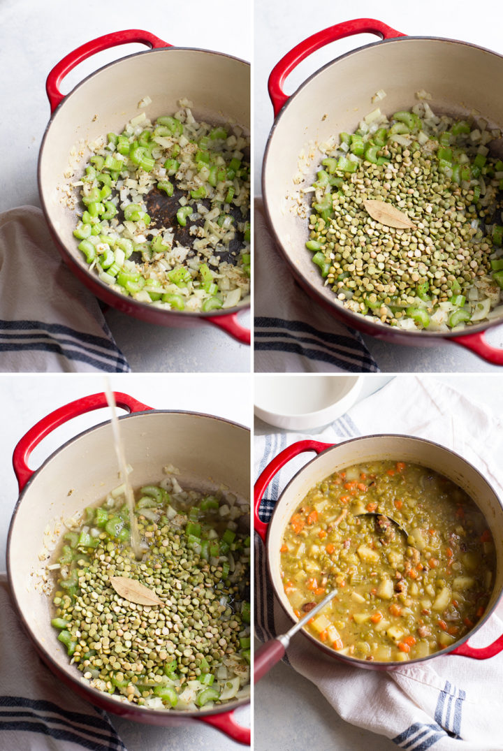 step by step photos showing how to make split pea with bacon soup