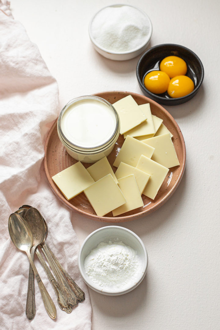 overhead photo of white chocolate to make white chocolate pudding