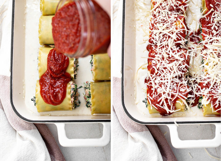 adding sauce and cheese to a pan of spinach roll up lasagna