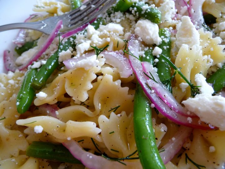 close up photo of green bean pasta, an easy summer pasta salad