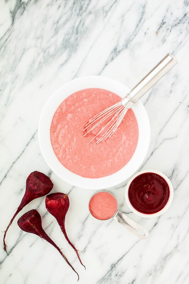 photo of ingredients to make this beet pancake recipe and a bowl of beet pancake batter 