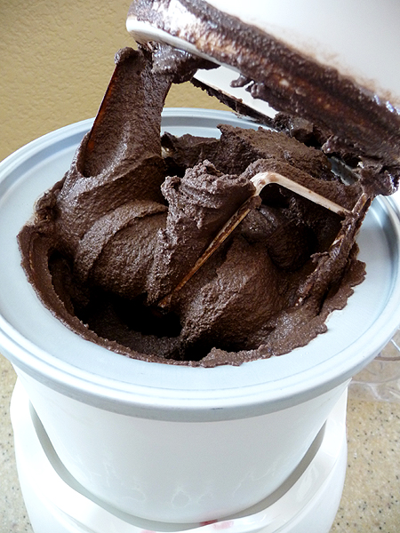 photo of this recipe for chocolate gelato churning in an ice cream maker