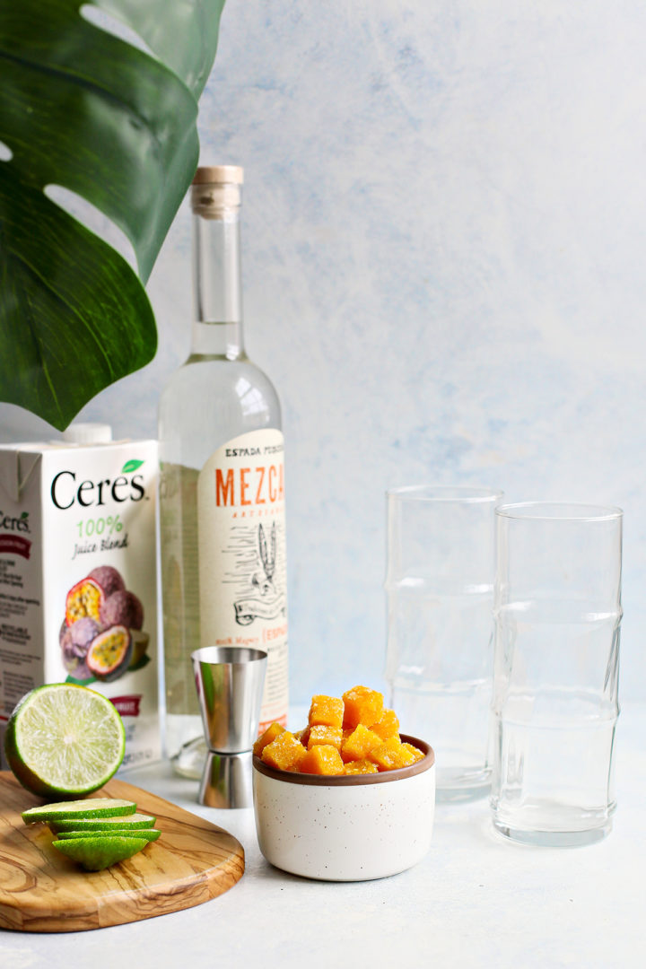 ingredients in a passion fruit mezcalita (a margarita made with mezcal)